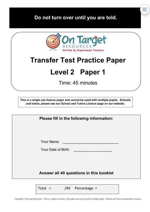 Transfer Test Seag Style Practice Papers Level 1 2 And 3