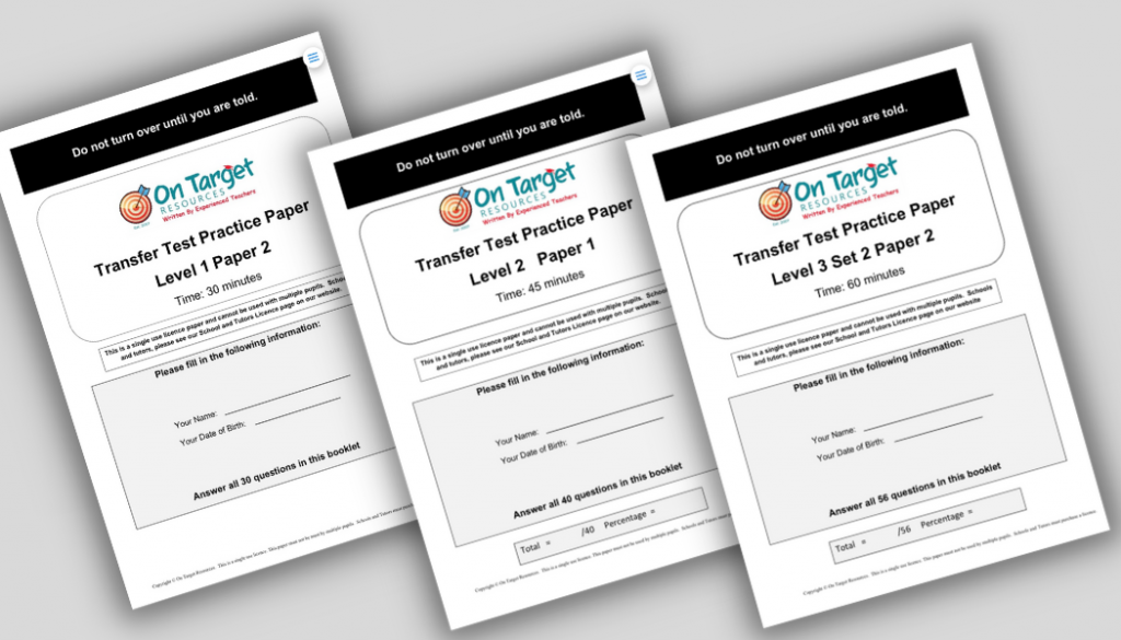 SEAG GL Transfer Test practice papers - the front cover of the Level 1, 2 and 3 practice papers