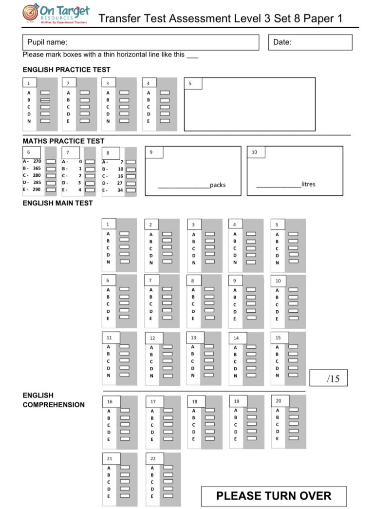 Transfer Test SEAG Style Practice Papers Level 3 On Target Resources